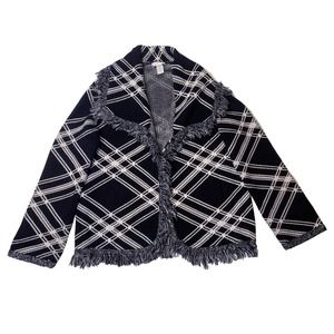 Chico's Diagonal Plaid Open Front Fringe Cardigan